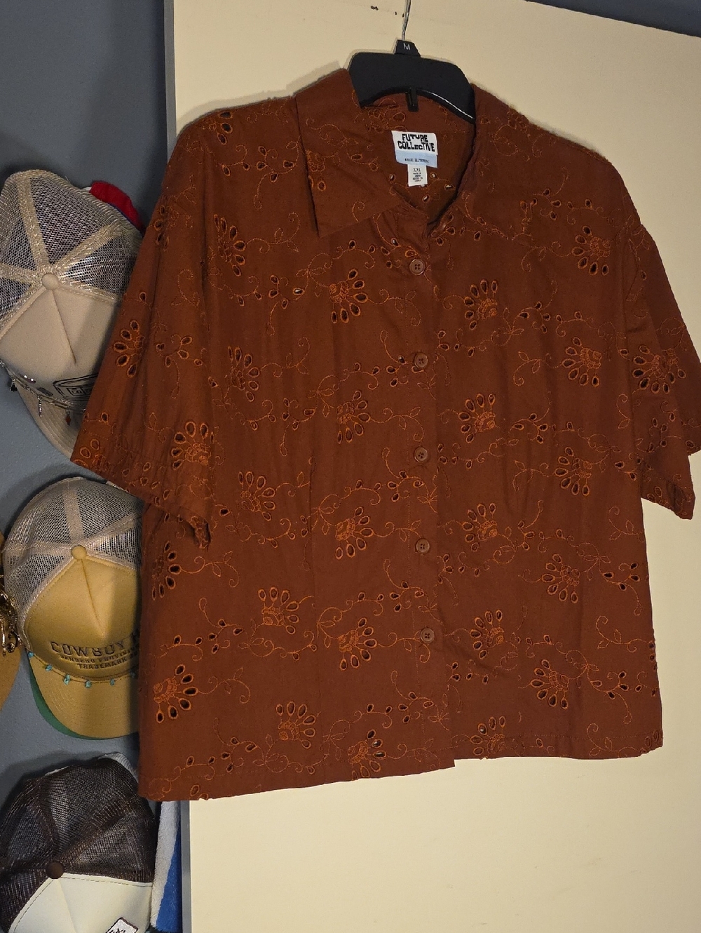 Vintage-Inspired Eyelet Button-Front Top in Rust